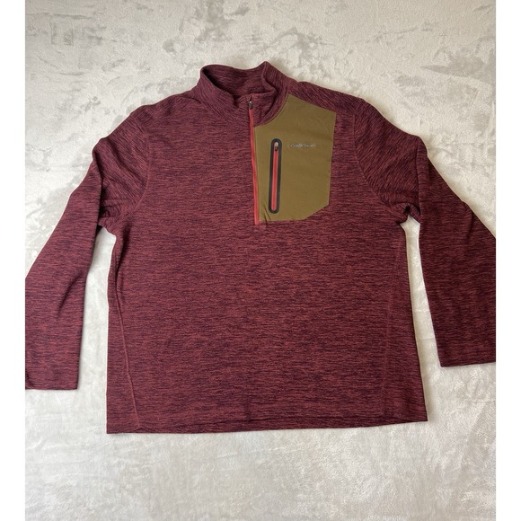 Eddie Bauer Men XL Quarter Zip Pullover Red Heather Brown Pocket Outdoor Hiking - Picture 1 of 5